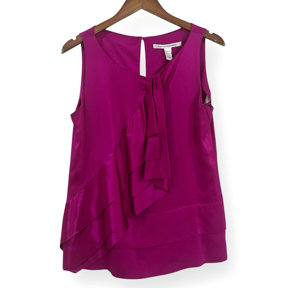 Diane Von Furstenberg Tops - Diane Von Furstenberg Ruffled Caboney 100% Silk Top Blouse Size 6 Pink Fuchsia